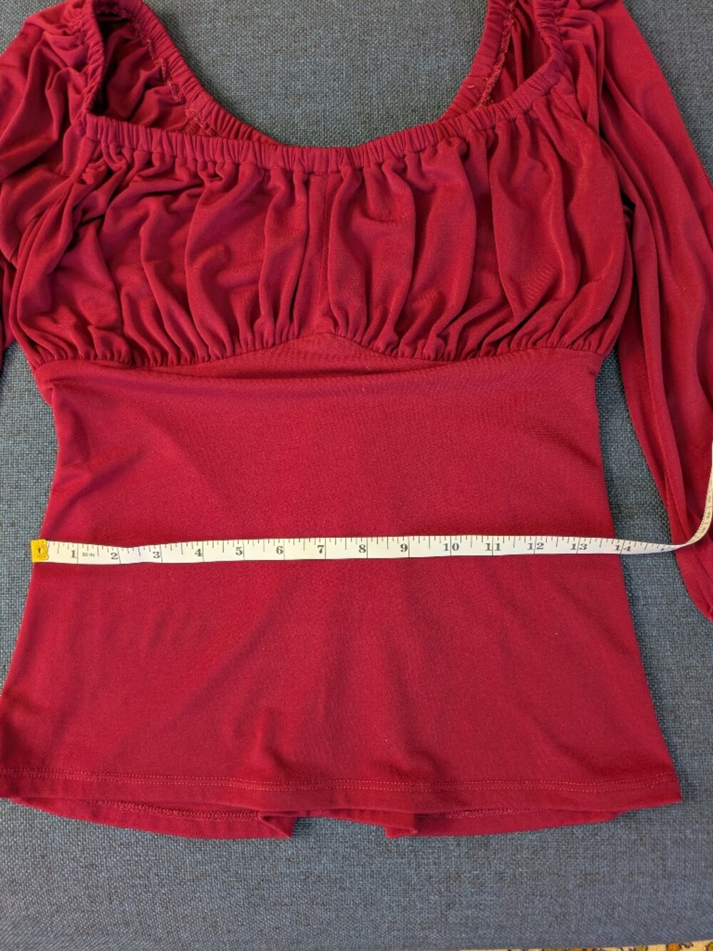 Vixen by Micheline Pitt Vacation Blouse in Dark Red Rose Ruched Peasant Top - Picture 8 of 8